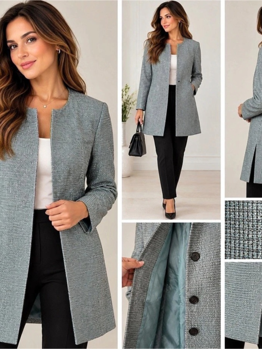 Doncaster Collection Women's Textured Long Blazer in Gray Size 8
